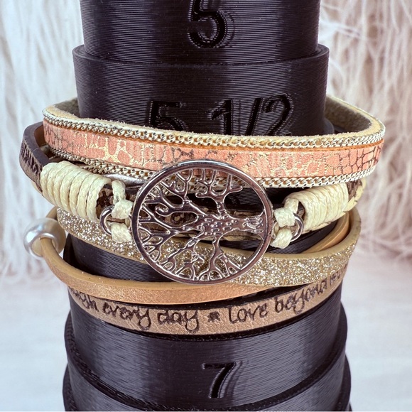Earthtone multiband, faux leather tree of life, magnetic closure bracelet - Picture 3 of 5